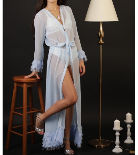 Alma Handmade Long Robe in Light Blue Transparent Veil