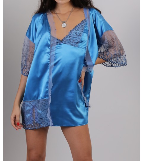 Aqua Short Robe Handmade of Satin and Embroidered Lace