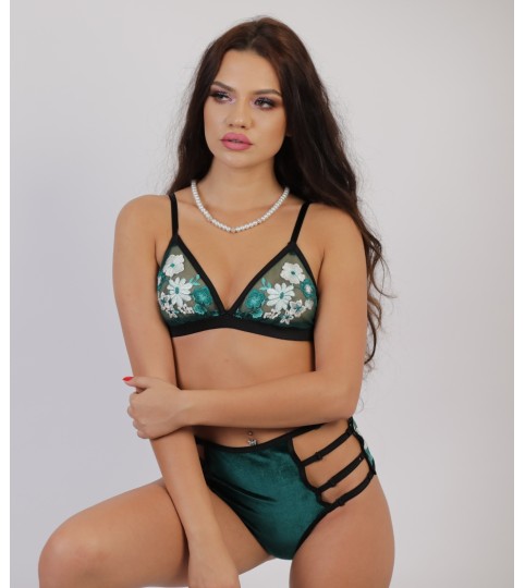 Green 420 Velvet and Embroidered Lace Underwear Set