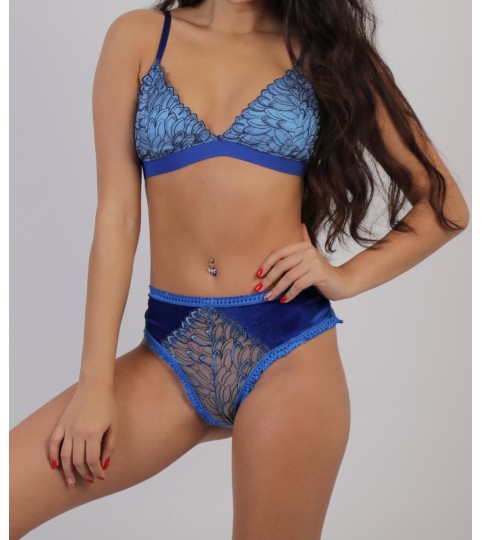 Elody Azure Blue Velvet and Embroidered Lace Underwear Set