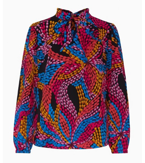 Elegant viscose shirt with multicolored print and twisted collar