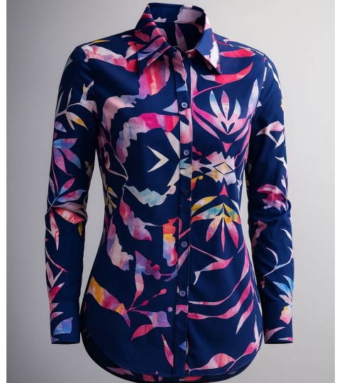 Blue office shirt with floral print with classic collar and creased on the side