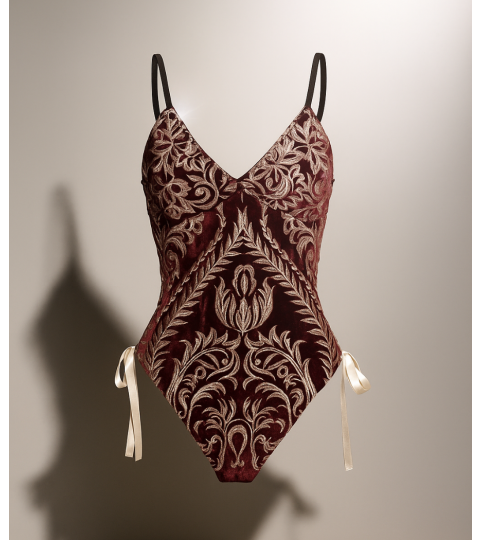 Luxury Burgundy Velvet Embroidered Bodysuit – Made to Measure