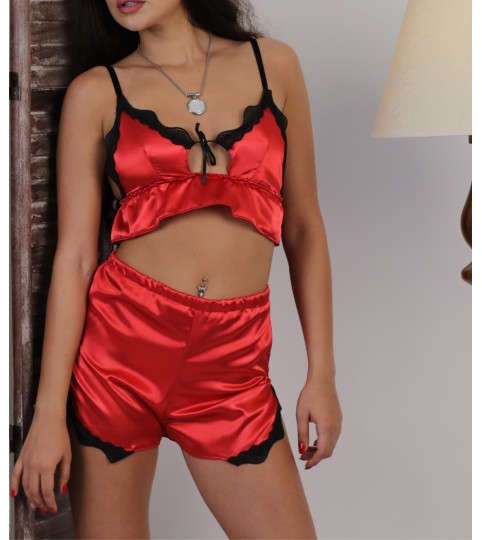 Night Time Red satin pajama set, shorts and bustier